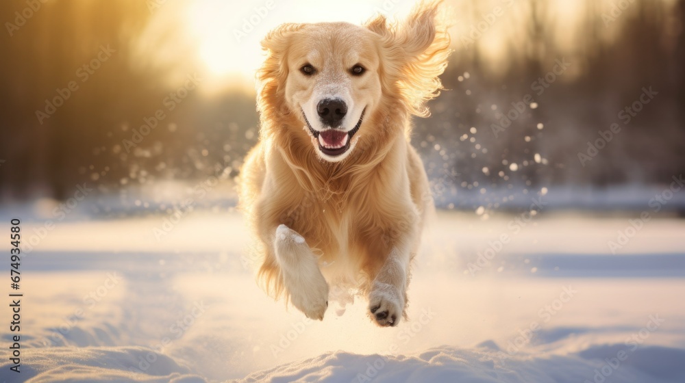 Happy golden retriever dog run on winter snow nature background with sun, wide web banner. Winter activities for dogs. Cold season Care Advice For Dogs. Preparing dog for walks in winter.