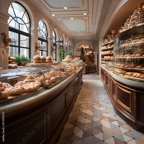 The premises of a cute pastry shop with display cases for cakes, a delicate contrasting stand and equipment.