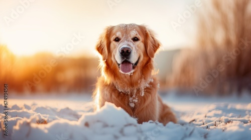 Happy golden retriever dog on winter snow nature background with sun, wide web banner. Winter activities for dogs. Cold season Care Advice For Dogs. Preparing dog for walks in winter.