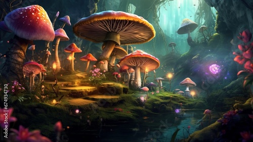 A whimsical forest of colorful mushrooms and plants AI generated illustration