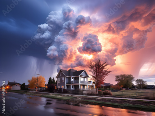 A vibrant yet threatening storm looms over a serene suburban home at sunset.