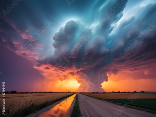 A colossal supercell looms over a quiet country road at sunset, a stunning display of nature's might.