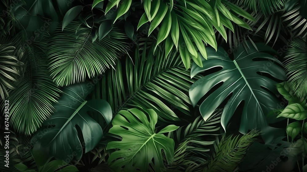 Green leaves background Green tropical monstera lea  AI generated illustration - obrazy, fototapety, plakaty 