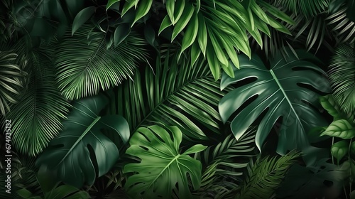 Fényképezés Green leaves background Green tropical monstera lea  AI generated illustration
