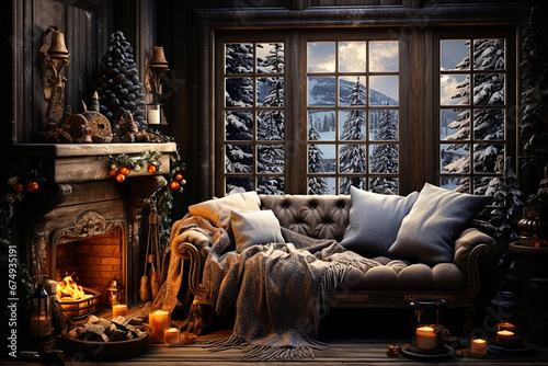 Cold winter outside with a beautiful mountain view of snow and trees  warm and cozy atmosphere inside for Christmas with a fire in the fireplace a small Christmas tree and a comfortable sofa 