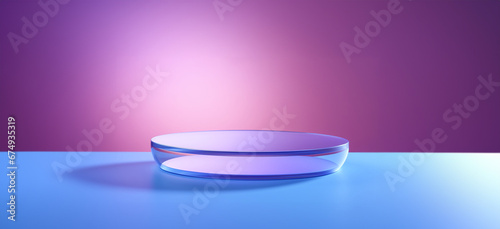 3d glass podium platform for product display on purple blue background with studio lights. Transparent stage base stand. Luxury crystal glass product display