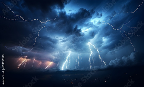 Intense lightning forks cleave through a chaotic sky, exemplifying nature's untamed energy.