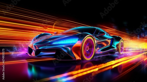 Speeding Sports CaOn Neon Highway Powerful AI generated illustration