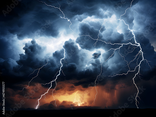 Intense lightning forks cleave through a chaotic sky, exemplifying nature's untamed energy.