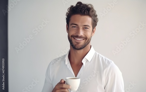 Handsome caucasian man is drinking a coffee