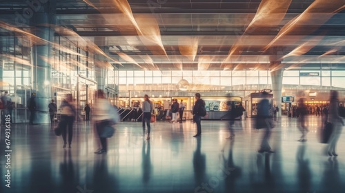 A blurred image of a busy airport terminal with peope  AI generated illustration photo