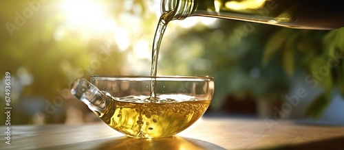 Bottle pouring virgin olive oil in a bowl close up