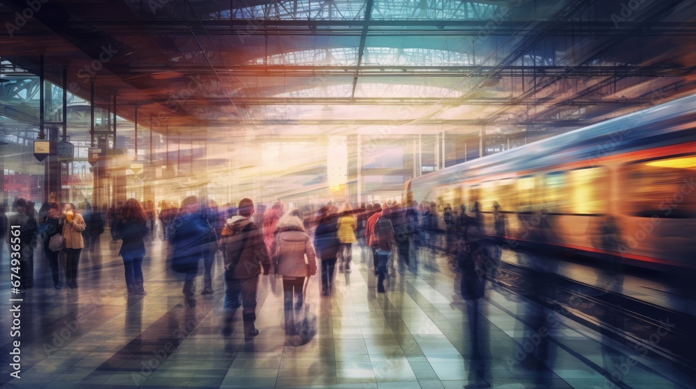 A blurred image of a busy train station with people   AI generated illustration