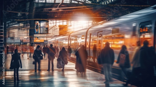 A blurred image of a busy train station with people AI generated illustration