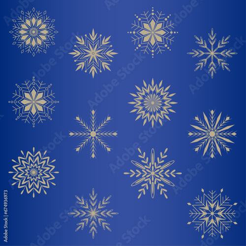 Beautiful set gold snowflakes on a blue background for winter design.