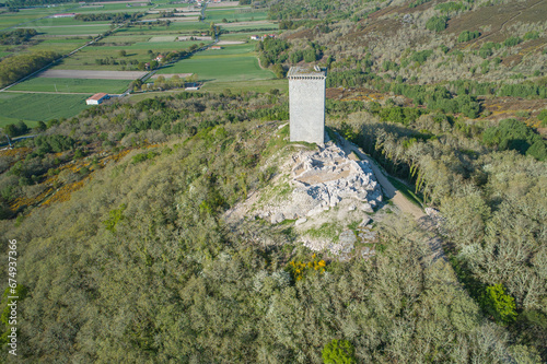 Aerial view, ruins of the medieval castle of Portela da Pena, in Xinzo de Limia. Region of A Limia, Ourense. Galicia, Spain. photo