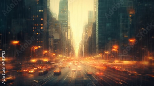A hazy picture of a city street with buildings AI generated illustration