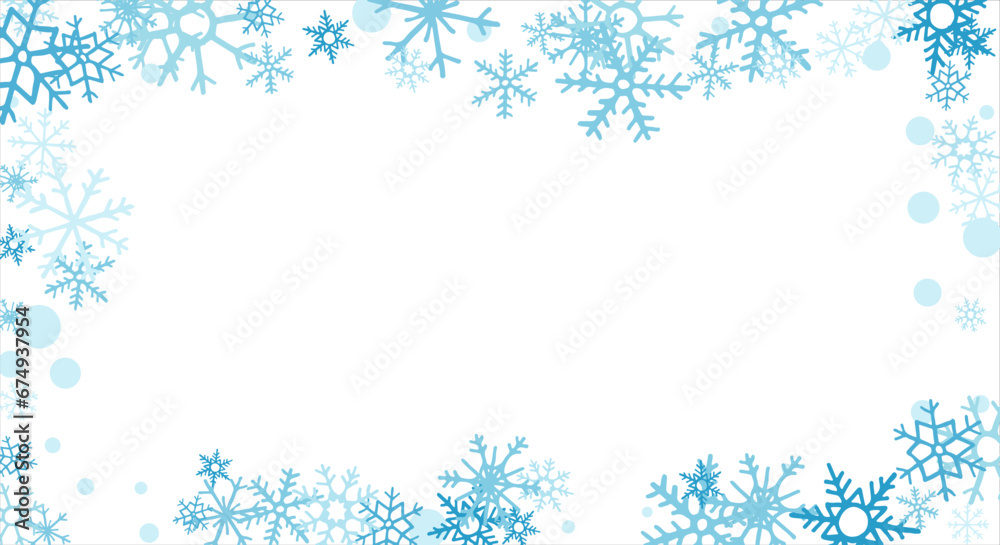 Square winter snow frame with blue snowflakes on a white background. Festive Christmas banner, New Year card. Symbols of frosty winter. Vector illustration. Square winter snow frame with blue snowflakes on a white background. Festive Christmas banner, New Year card. Symbols of frosty winter. Vector illustration.