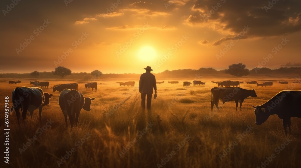a man standing in a field with a herd of cows  AI generated illustration - obrazy, fototapety, plakaty 