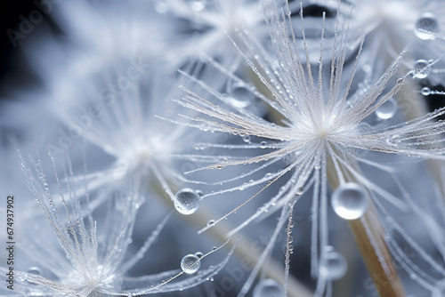 Dandelion seeds with dew drops close-up macro photography