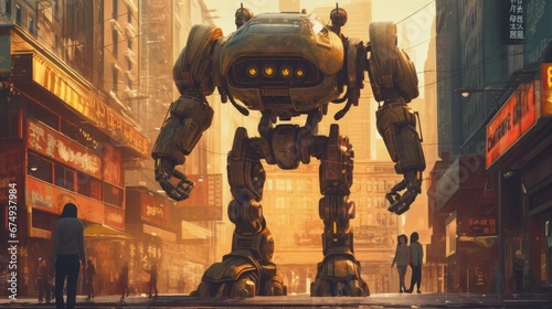 A massive robot with a metallic body and glowing  AI generated illustration © ArtStage