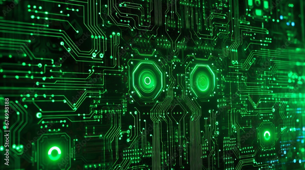 A neon green circuit board with glowing symbols AI generated illustration A neon green circuit board with glowing symbols AI generated illustration