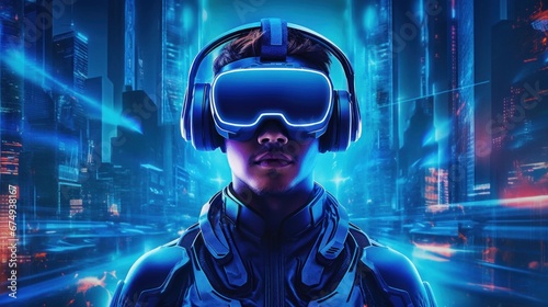 A neon blue virtual reality interface is illustrated  AI generated illustration © ArtStage