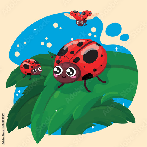 Cute ladybug insects on leaves Vector