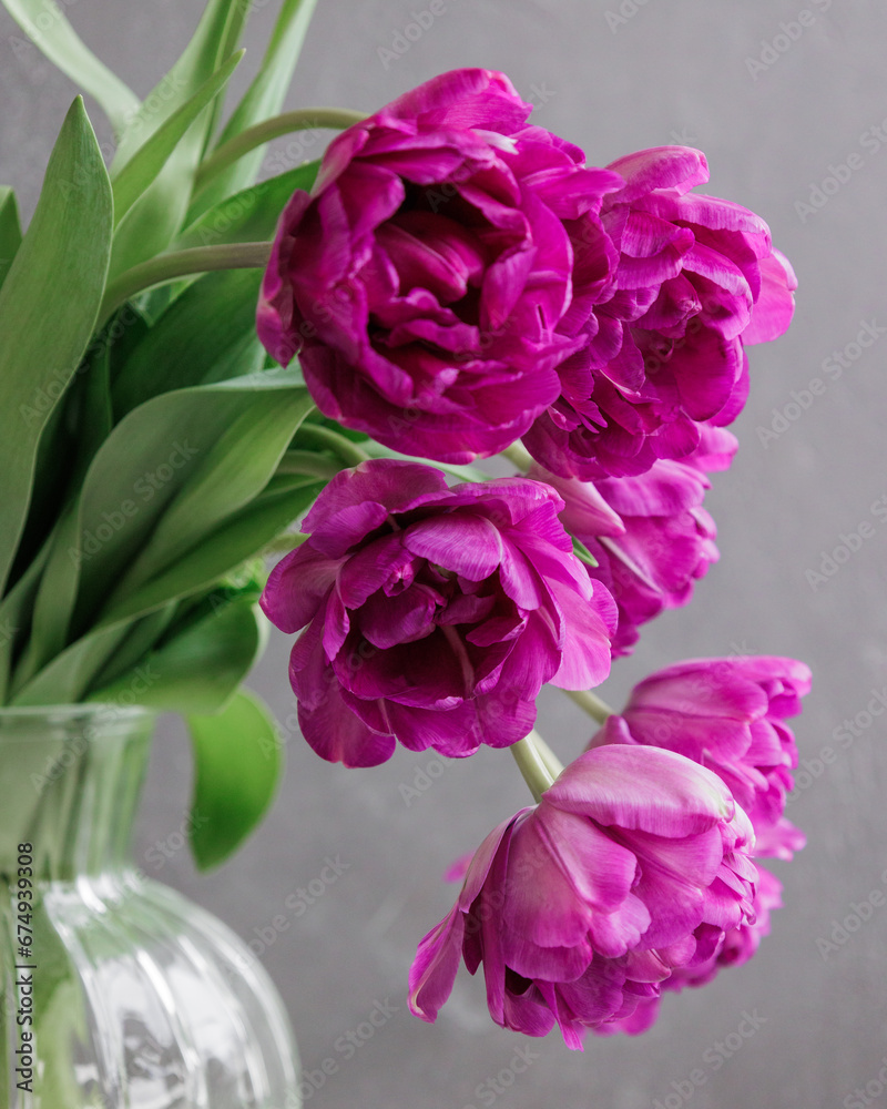 bouquet of gray red lilac tulips in glass vase on dark background. flower bouquet in vase on table. Gift interior decoration. florist, decorator. Flower shop.