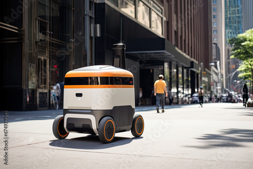 Fototapeta Naklejka Na Ścianę i Meble -  Efficient delivery robot in the jungle of New York skyscrapers on a bright sunny day