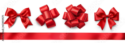 Set of four bows made from red satin ribbon isolated on a transparent background. Regular and round bows. photo