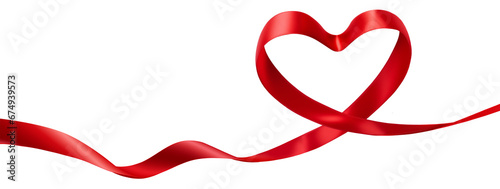 Red silk ribbon in the shape of a heart isolated on a transparent background.
