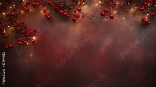 Overhead Flat Lay View of Lush Christmas Garland with Red Cranberry Effect - Rustic, Weathered Red Background with Vintage Texture and Copy Space - Twinkle Lights and Holiday Glow - Xmas Decorations