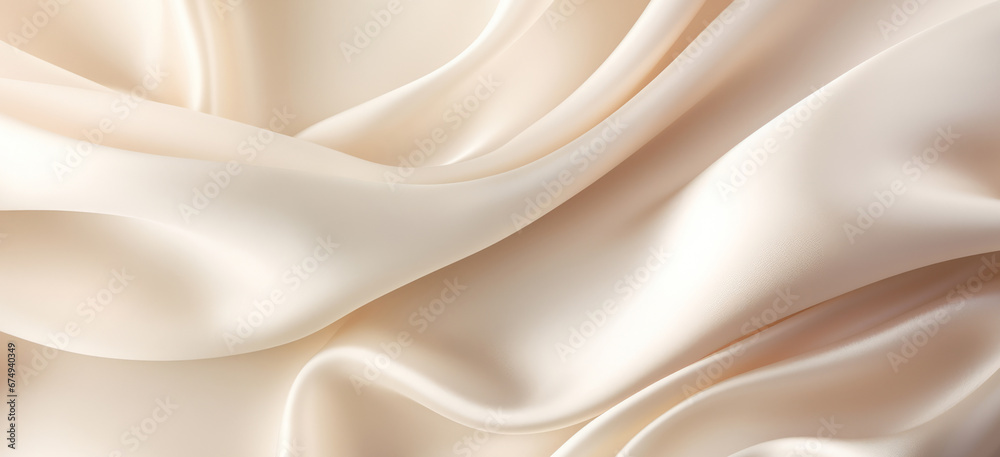 Beautiful background luxury cloth with drapery and wavy folds of ivory color creased smooth silk satin material texture. Abstract monochrome luxurious fabric background - obrazy, fototapety, plakaty 