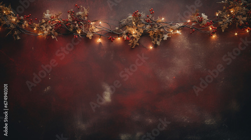 Overhead Flat Lay View of Lush Christmas Garland with Red Cranberry Effect - Rustic, Weathered Red Background with Vintage Texture and Copy Space - Twinkle Lights and Holiday Glow - Xmas Decorations