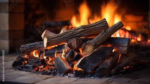 Burning fireplace. Cozy warm home, christmas time. Wood logs fire glowing in the dark. Closeup view