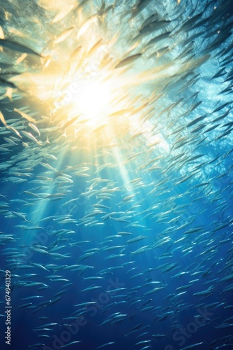 A school of fish swimming under the sun. Generative AI.