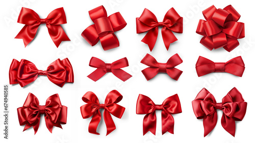 Set of red silk bows isolated on transparent background.
