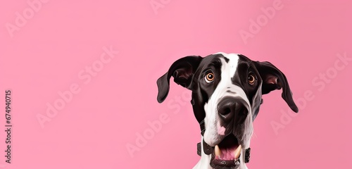 a portrait of a great dane dog with a surprised expression, looking into the camera isolated a pink background.
 photo