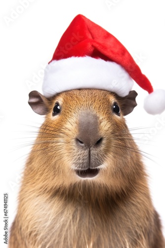 A close up of a rodent wearing a santa hat