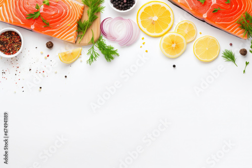 Wallpaper Mural Raw salmon fillet with ingredients for cooking on white background, top view Torontodigital.ca