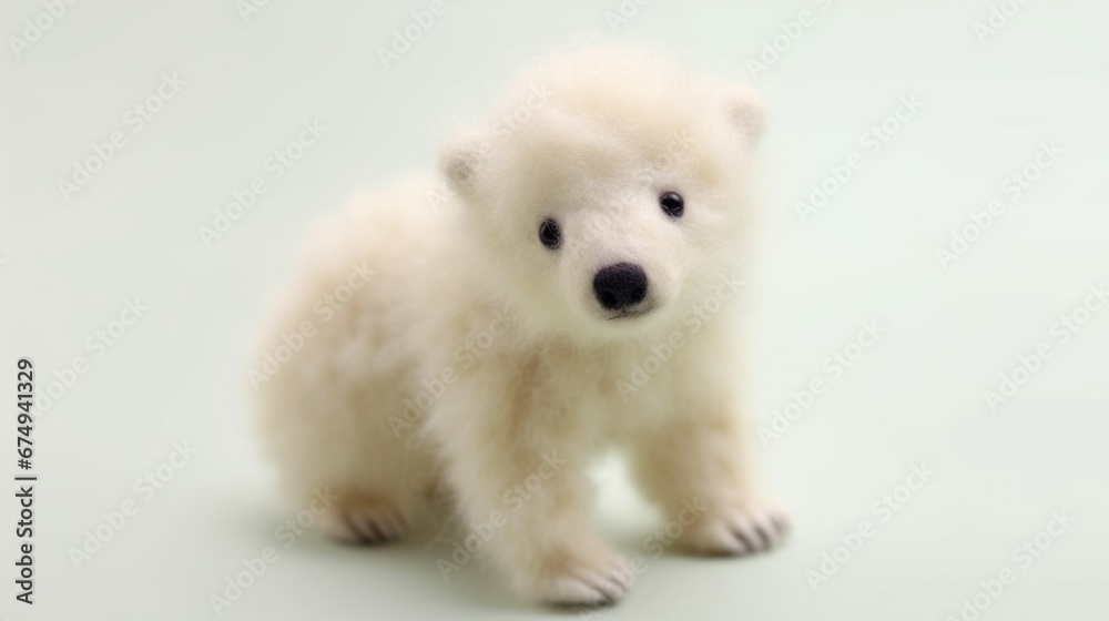 A small white polar bear standing on a white surface A small white polar bear standing on a white surface