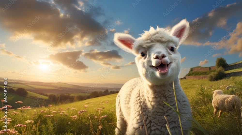 Fototapeta premium A sheep is standing in a field with flowers