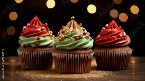Three cupcakes with frosting and decorations on a table