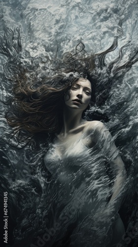 A woman with long hair floating in the water