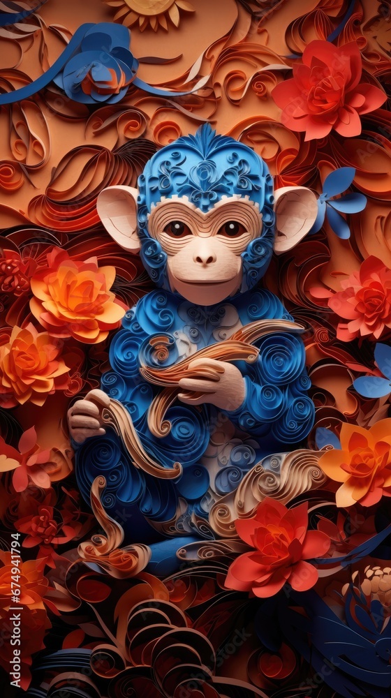 A paper cut monkey surrounded by paper flowers. Generative AI.