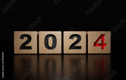 new year 2024 wood cube on black brackgorund