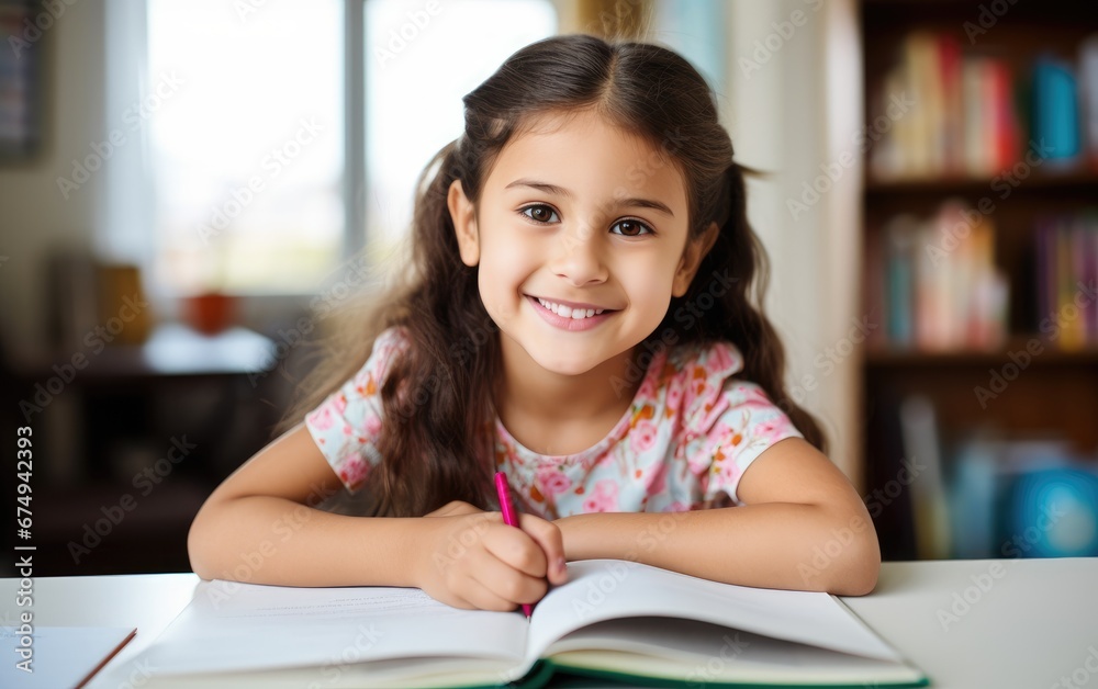 A smiling girl is doing homework at home A smiling girl is doing homework at home