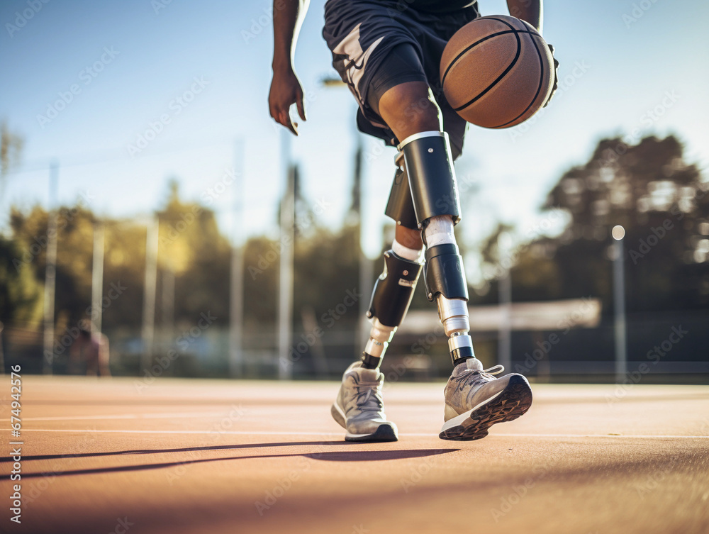 Fototapeta premium Athlete with artificial leg playing basketball outdoor sports court.