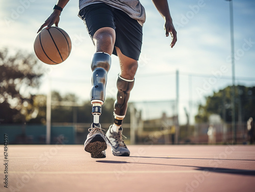  Athlete with artificial leg playing basketball outdoor sports court.
